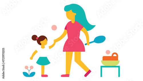 A mother and her daughter are depicted in a vector illustration, isolated on white background, showcasing family time together