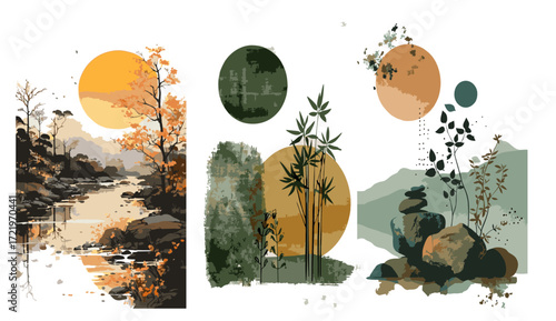 A triptych of minimalist Asian landscape wall art. Features Japanese garden elements, bamboo, river, cairn rocks, and suns. Modern abstract style in earth tones and green