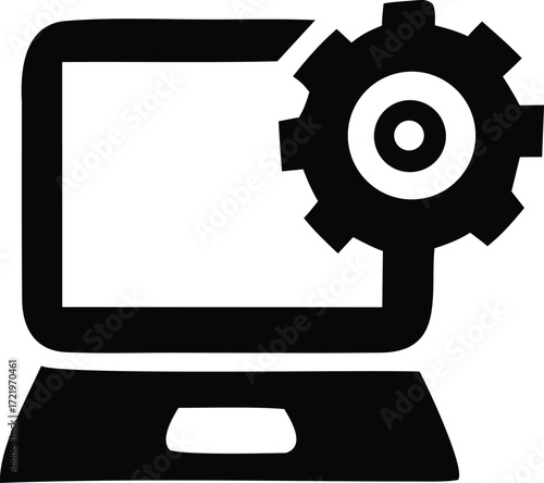 Computer and gear icon represents technology system setup software development and machine operations