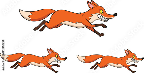 Cartoon fox running pose, wild animal illustration, fast movement, cunning predator, woodland creature, vector art, wildlife scene, speed, energy, nature concept