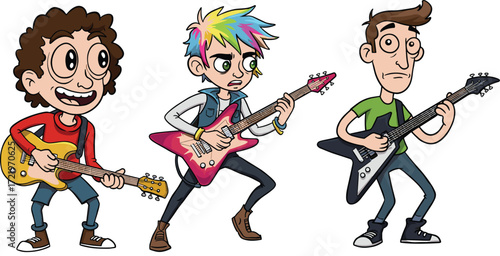 Cartoon musicians playing electric guitars, rock band illustration, colorful characters, music performance, vector art, concert scene, creative style, animated music concept