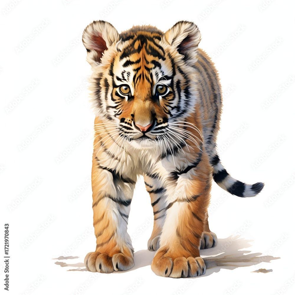 Obraz premium The illustration shows a young tiger cub with orange and black stripes, standing on all fours against a bright white background.