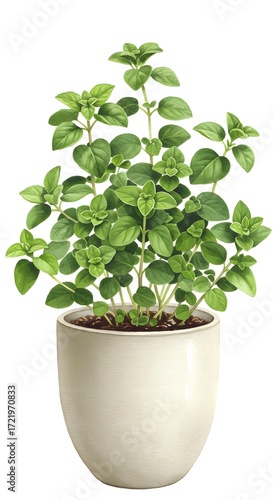 Green oregano plant in white pot with rich foliage indoors  