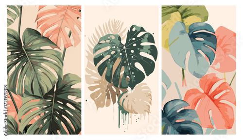 A triptych of tropical botanical wall art. Features Monstera and palm leaves in modern, muted colors like dark green, blush pink, and teal. Jungle or boho home decor style