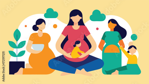 Three pregnant women in different stages of pregnancy sitting in a yoga position with their children and plants around them