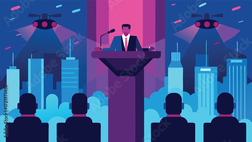A politician delivers a speech from a podium, addressing a crowd with drones flying overhead in a futuristic cityscape