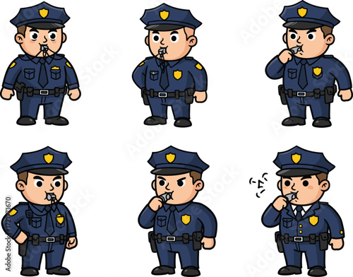 Cartoon police officer blowing whistle, law enforcement character illustration, vector art, security concept, patrol scene, authority role, public safety theme, uniform design