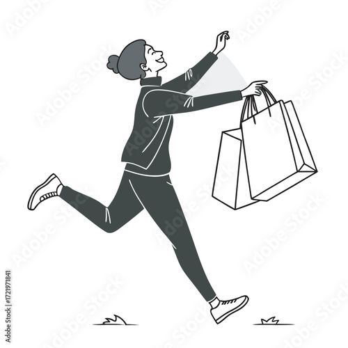 Dynamic woman running with shopping bags excitement and retail therapy celebration