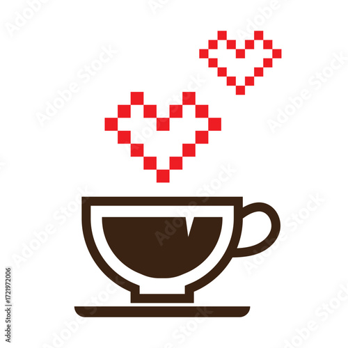 Coffee cup with hearts in square style over the cup vector illustration. Colored cup with hot beverage and heart symbols isolated on transparent background. Perfect for café, drinks and love themes.