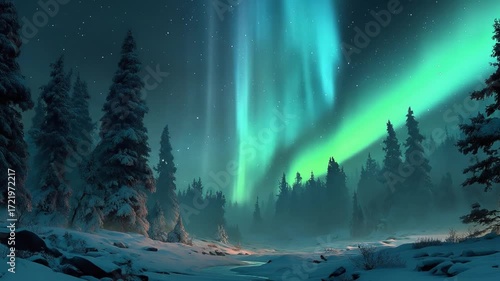 Wallpaper Mural Northern lights snowy forest Torontodigital.ca