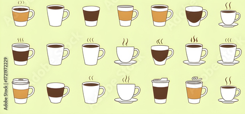 breakfast coffee mug, hot cocoa cup cartoon, coffee shop cups, coffee drink icons, cartoon cup set, coffee mugs vector, simple coffee cup cartoon, steaming hot mug, cafe illustration set, coffee theme