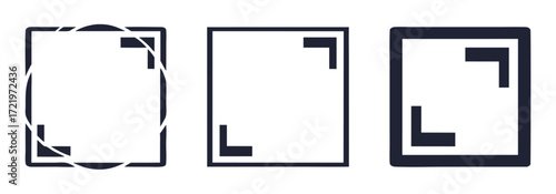 Three minimalist square corner icons in blue, black, and outlined black, perfect for design, UI, or graphic elements symbolizing borders, frames, or selection areas.