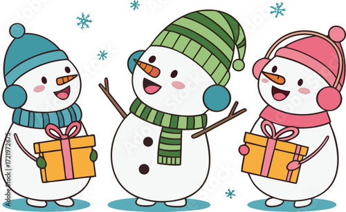 Three cheerful snowmen wearing hats and scarves holding presents