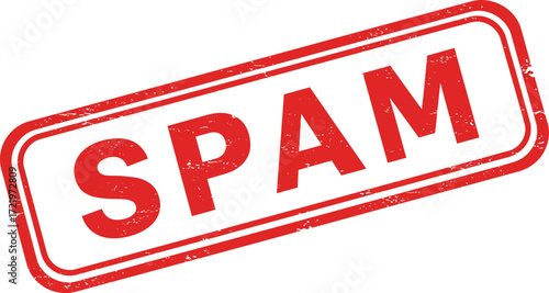 Red spam stamp graphic indicating unwanted mail and digital content isolated on transparent background