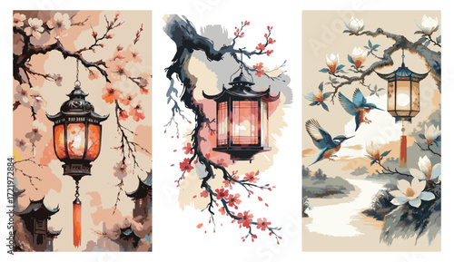 
A triptych of oriental watercolor art. Features traditional Japanese/Chinese lanterns hanging from blossoming branches (cherry blossoms/magnolia) with birds. Asian vintage style for home decor