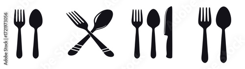 Vector art of a set of cutlery icons featuring forks, spoons, and a knife, arranged in various configurations, including crossed and sidebyside arrangements