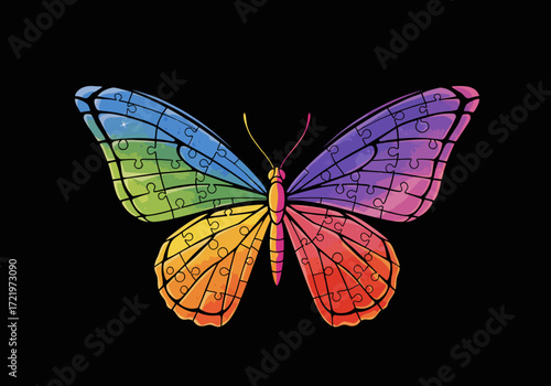 Colorful Butterfly with Puzzle Piece Wings on Black Background.