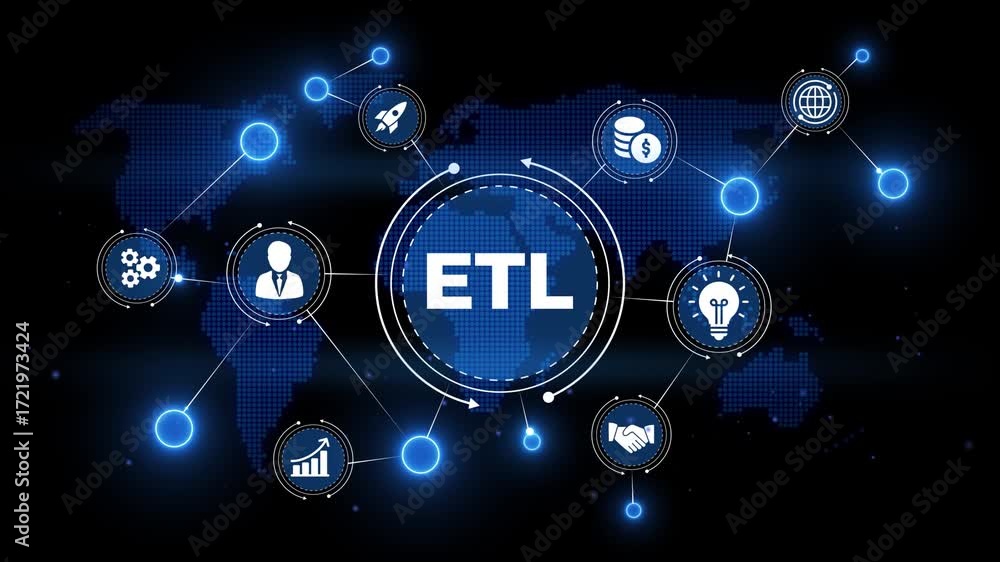 Digital network connecting business icons and world map with ETL text extract transform load technology