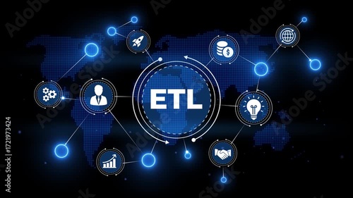 Digital network connecting business icons and world map with ETL text extract transform load technology