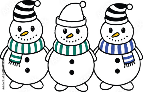 Three adorable snowmen wearing hats and scarves