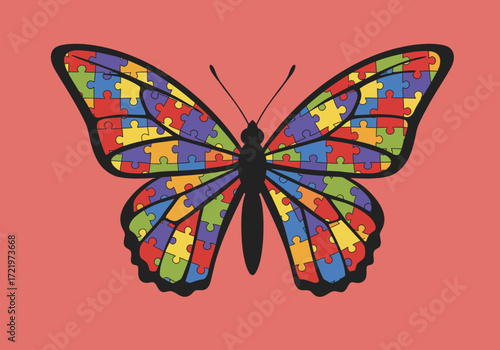 Colorful Puzzle Piece Butterfly Illustration on Salmon Background.