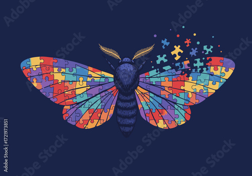 Colorful Puzzle Piece Moth Illustration on Dark Blue Background.