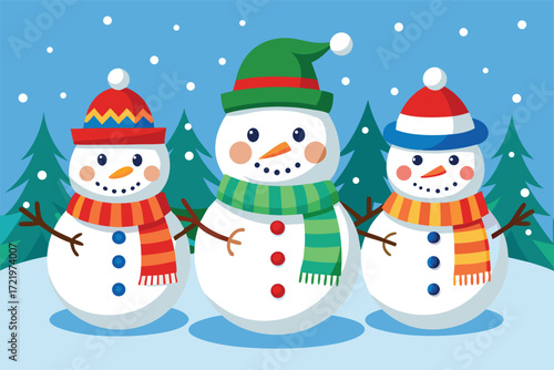 Three cheerful snowmen standing together in a winter wonderland