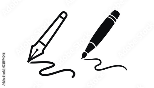 Illustration of two different pens, one with a fountain nib and the other with a marker tip, both drawing a wavy line, isolated on white background, perfect for writing or drawing concepts
