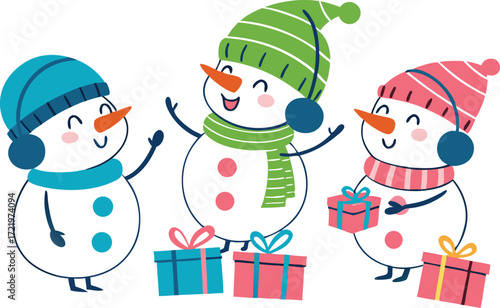 Three cheerful snowmen wearing hats and scarves holding presents