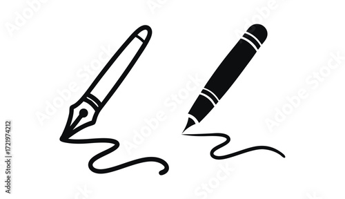 Illustration of two different pens, one with a fountain nib and the other with a marker tip, both drawing a wavy line, isolated on white background, perfect for writing or drawing concepts