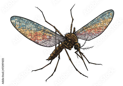 Detailed Mosquito Illustration with Puzzle Piece Wing Design.