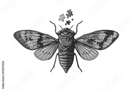 Gray Cicada with Puzzle Piece Wing Pattern and Floating Pieces.