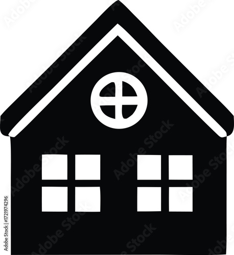 Simple silhouette of a house with two stories and a circular attic window ideal for real estate or architectural graphics