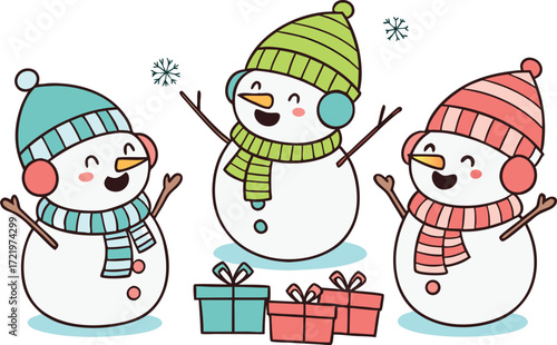 Three cheerful snowmen wearing hats and scarves holding presents