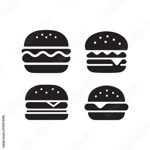 Set of different type of logotype icons burger silhouettes in white background.