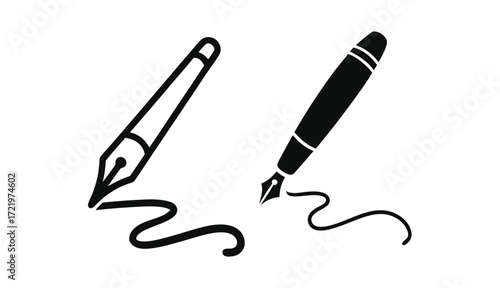 Illustration of two different pens, one with a fountain nib and the other with a marker tip, both drawing a wavy line, isolated on white background, perfect for writing or drawing concepts