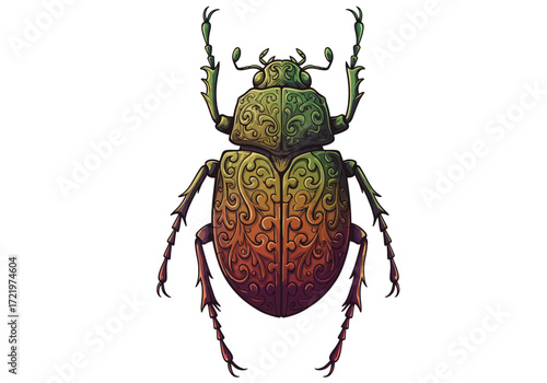 Ornate Green and Orange Beetle Illustration with Detailed Patterns.