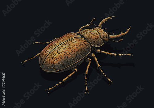 Ornate Stag Beetle Illustration with Puzzle Piece Pattern.