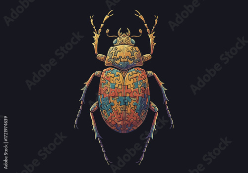Ornate PuzzlePatterned Beetle Illustration on Dark Background.