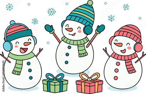 Three cheerful snowmen wearing hats and scarves holding presents