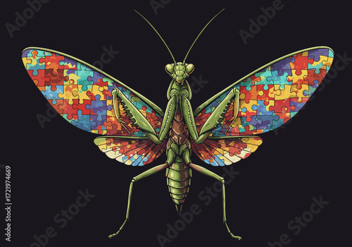 Praying Mantis with Colorful Puzzle Piece Wings on Dark Background.