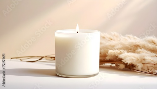 White frosted candle against a soft cream background