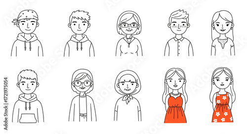 Collection of diverse minimalist line art human avatars and user icons, featuring various ages and genders in a simple doodle style for digital applications and generic representation