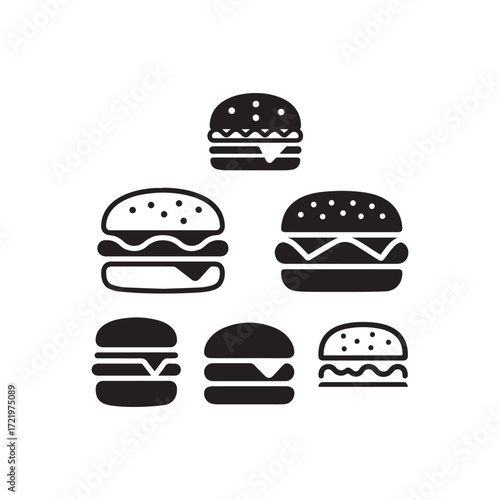 Set of different type of logotype icons burger silhouettes in white background.