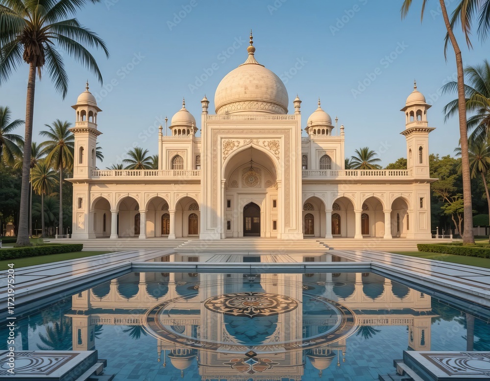 Obraz premium Majestic white palace with ornate details and reflecting pool surrounded by palm trees.