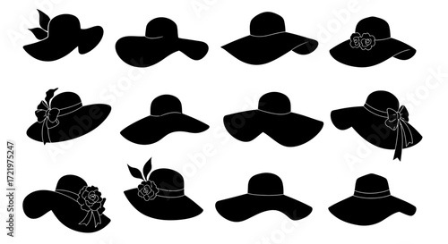 Silhouette illustration of various sun hats with wide brims and decorative elements.