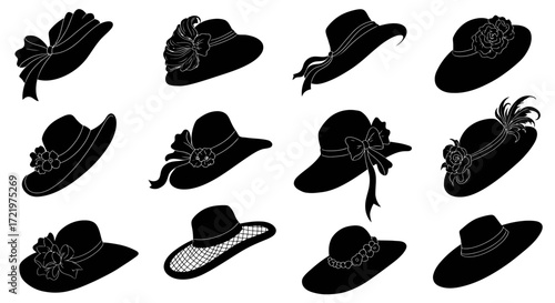 Silhouette illustration of twelve different women's hats with various decorations.