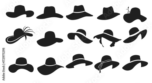 Collection of silhouette hats, various styles, black and white.