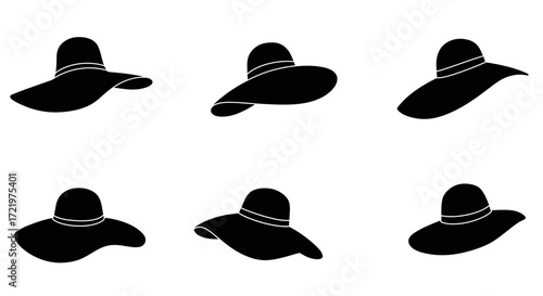 Six black silhouette images of floppy hats with a band around the crown.