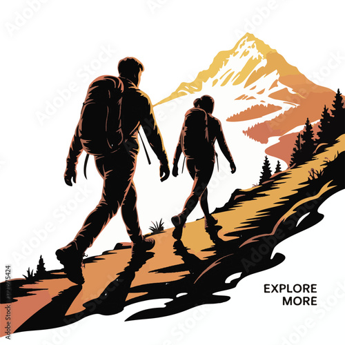 Couple Hiking in Mountains Adventure Vector Art